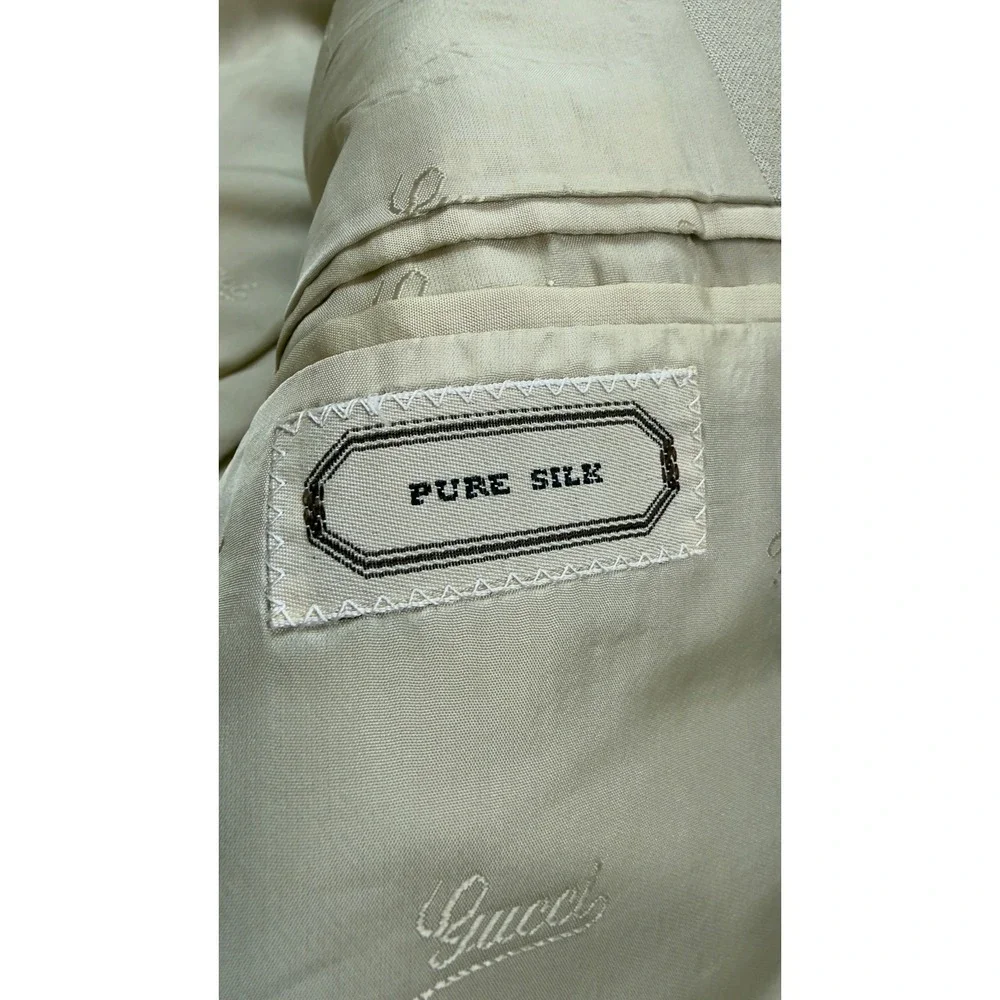 Vintage Gucci Mens Pure Silk Double Breasted Blazer Tan Beige 52R Made in Italy